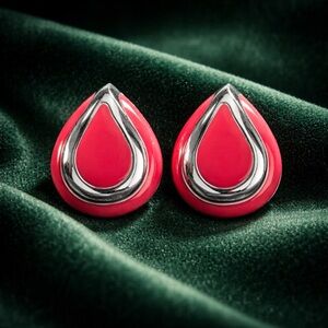 Vintage Silver and Pink Teardrop Enameled‎ Earrings